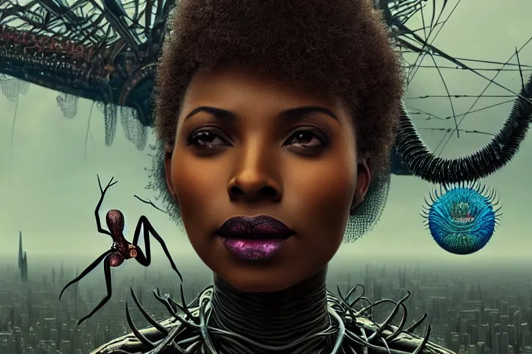 Prompt: realistic detailed closeup portrait movie shot of a beautiful black woman on a giant spider, dystopian city landscape background by denis villeneuve, amano, yves tanguy, alphonse mucha, max ernst, ernst haeckel, edward robert hughes, roger dean, cyber necklace, rich moody colours, sci fi patterns, wide angle