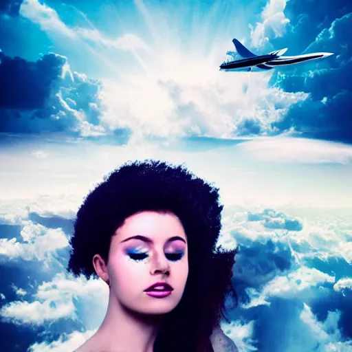 Image similar to goddess wearing a cloud fashion on the clouds, photoshop, colossal, creative, giant, digital art, photo manipulation, clouds, sky view from the airplane window, covered in clouds, girl clouds, on clouds, covered by clouds, a plane, plane window point of view