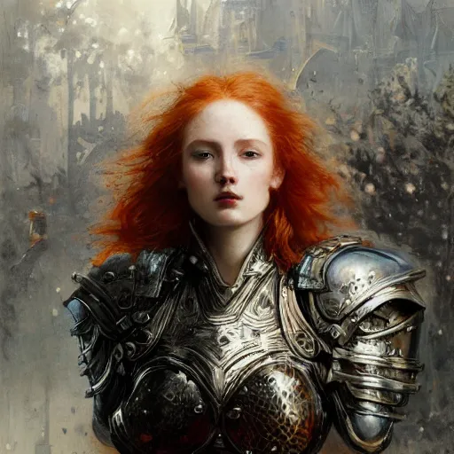 Image similar to beautifull young redheaded woman, wearing black and silver ornamental armour, detailed, by gaston bussiere, bayard wu, greg rutkowski, giger, maxim verehin, greg rutkowski, masterpiece, sharp focus, illustration, highly detailed, digital painting, concept art, matte