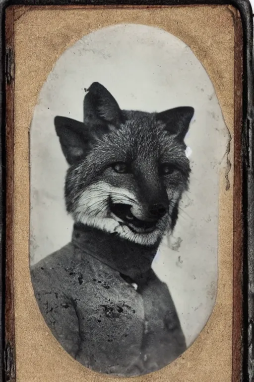 Prompt: skull of fox, old vintage photography, damaged photo, daguerreotype, ambrotype, black and white, archive, film artifacts, scratches, tears, hyperrealistic, ultra detailed
