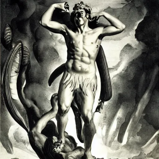 Prompt: bismuth by max dupain, by adolf hiremy - hirschl playful, fine. a digital art of hercules after he has completed one of his twelve labors, the killing of the hydra. he is standing over the dead hydra, covered in blood clutching a sword that slew the beast. his face is expressionless.