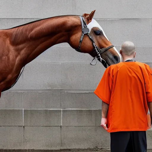 Image similar to horse with orange inmate clothes, in a jail