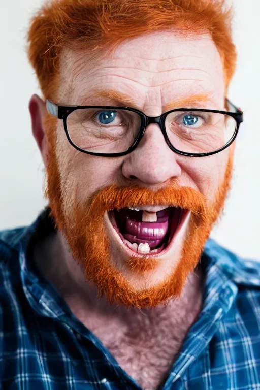 Image similar to full body photo of a 5 0 year old ginger men, full hair, large and crooked teeth and mouth, nerdy appearance, smooth, sharp, 8 5 mm, f / 1. 3