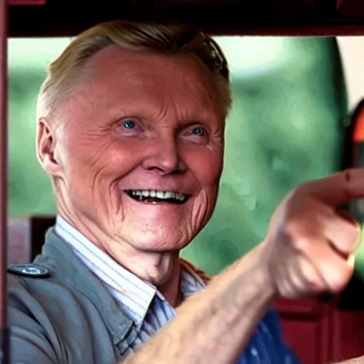 Image similar to john voight is sitting in a van, door open, looking at camera and smiling, he holds up his arms, showing his handcuffs