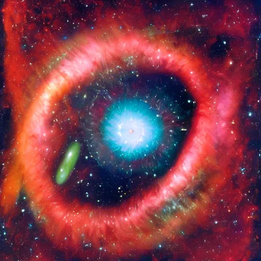 Prompt: magic realism by charles addams random. illustration. ngc 7 2 9 3 helix nebula in intrared by vista telescope, chile.