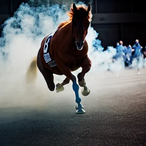 Prompt: muted-color-smoke wisps coalesce onto the floor into an outline vaguely resembling a high-energy racing horse crossing the finish line.