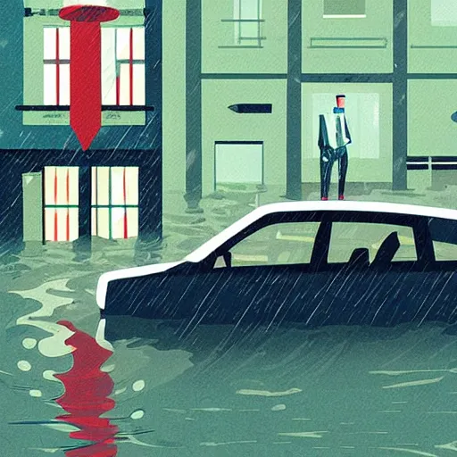 Image similar to a man in suit sitting on the top of a car in a flooded street, looking at his phone, art by James Gilleard, James Gilleard artwork