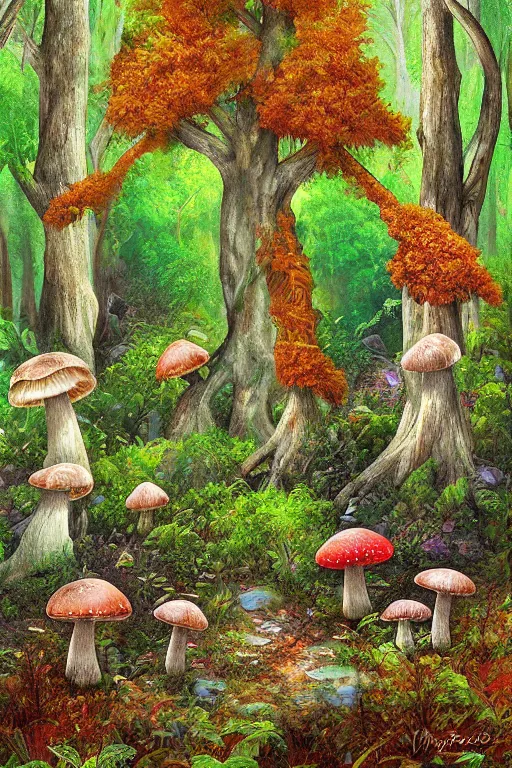 Image similar to digital painting detailed forest tree magical forest flowers mushrooms painted by Wayne Reynolds