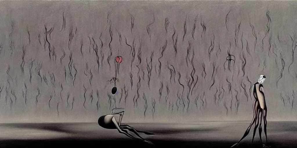 Prompt: despair, pain, anguish, fire, drowining, failure, isolation, detailed texured painting by surrealist master yves tanguy, brushstrokes