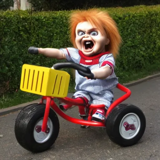 Image similar to cute screaming chucky doll riding a tricycle