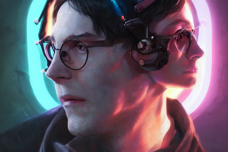 Image similar to portrait of cyborg Harry Potter in cyberpunk, neon lighting, portrait in center, digital art from artstation by Ruan Jia and Mandy Jurgens and Artgerm and william-adolphe bouguereau and Greg Rutkowski and Wayne Barlowe