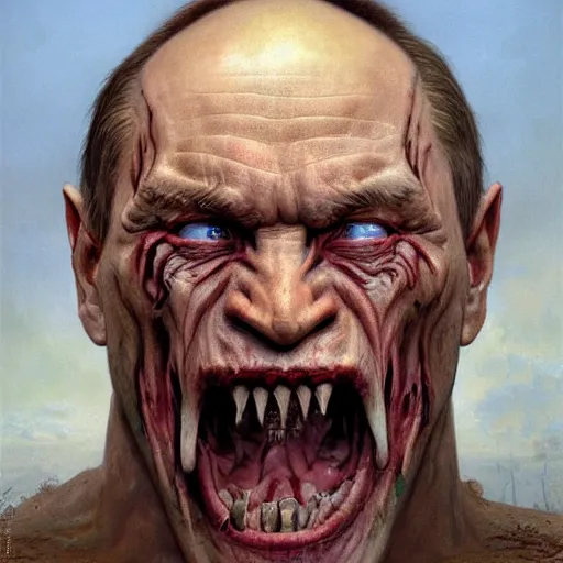 Image similar to vladimir putin, is orc, rotten tooth, horror, macabre by donato giancola and greg rutkowski and wayne barlow and zdzisław beksinski, realistic face, digital art