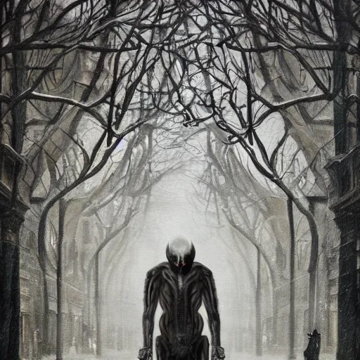 Image similar to terrifying wendigo walking through the center of old london city, oil painting, gloomy misty atmosphere, symmetrical, full body image, highly ornate intricate details, very sharp photo,