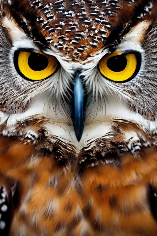 Prompt: a macro photo of a gorgeous owl with beautiful big eyes staring at the camera, dynamic pose, close - up, intricate details, intricately detailed feathers, intricate textures, warm lighting, vivid colors, smoke and mist, realistic octane render, hyper realistic render, volumetric shading, depth of field, raytracing, 8 k,