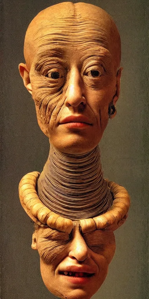 Prompt: very very beautiful portrait photo of 3d face made from primitive objects, Perfect face, extremely high details, realistic, by Giuseppe Arcimboldo, Edward Hopper, Rene Margitte,