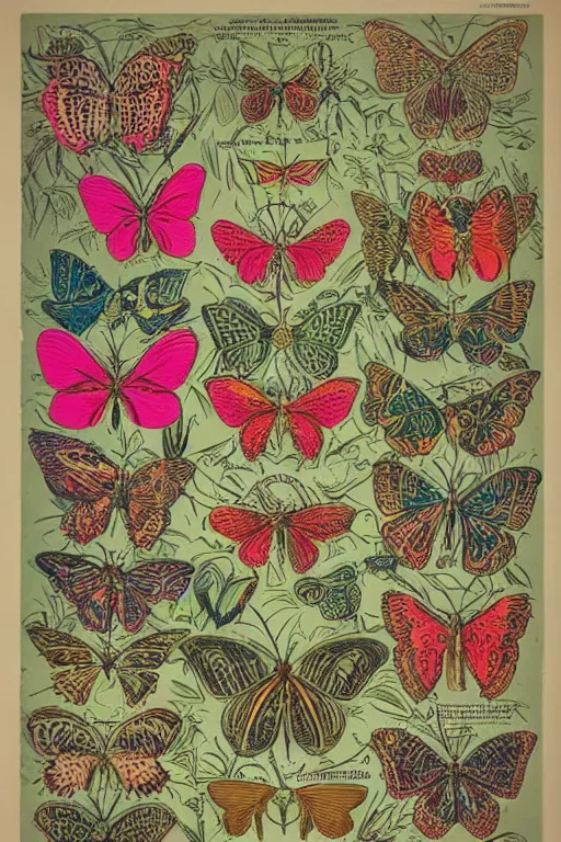 Prompt: vintage botanical poster of bright neon signs in the shape of butterflies, extremely detailed, very intricate