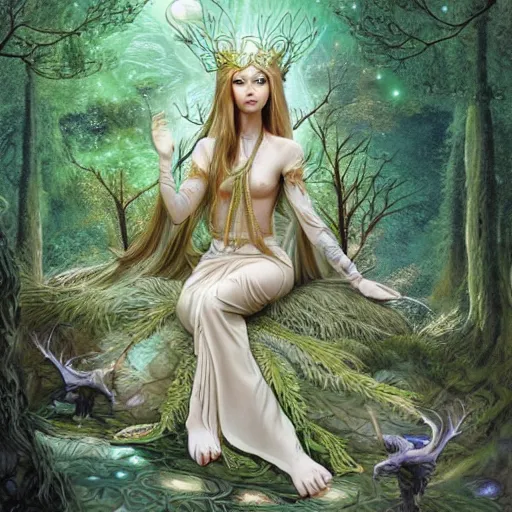 Prompt: elven princess meditating in forest, surrounded by fairies, surreal, surrealist art, digital art, trending on artstation, ultra detailed, intricate, sacred geometry, serene, beautiful, photo, realistic, perfect, smooth, moebius, by moebius