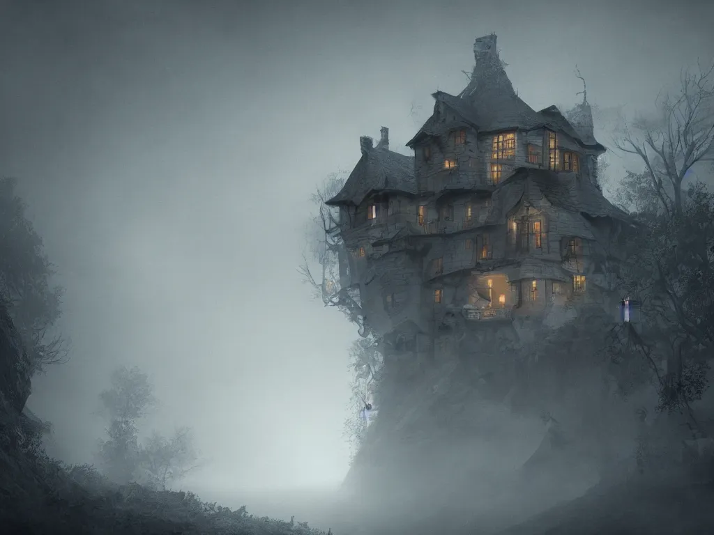 Image similar to house on the hounted hill, horror, creepy, surreal, dreamscape, high quality, ultradetailed, sharp, artstation, 4 k, volumetric fog