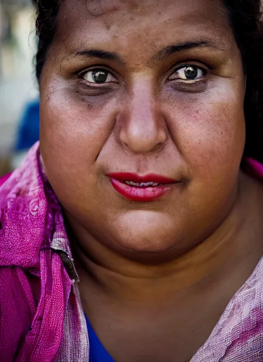 Image similar to close up portrait of a beautiful, fat 30-year-old woman from Cuba, happy, candid street portrait in the style of Martin Schoeller, award winning, Sony a7R