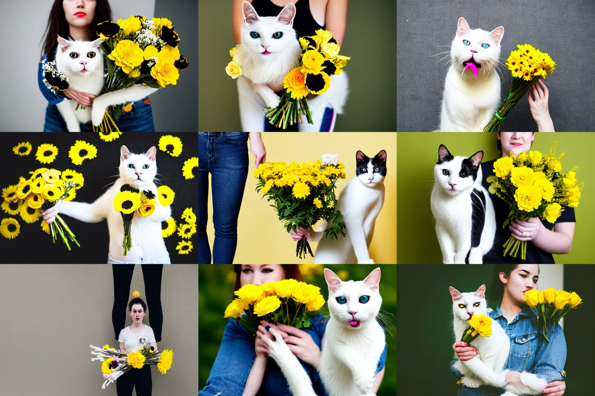 Prompt: wide shot photography of white cat with yellow black patterns, holding a flowers bouquet in her mouth, under a human standing wearing jeans and sneakers, large happy eyes