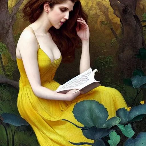 Prompt: anna kendrick wearing a yellow dress and reading a book, masterpiece, intricate, elegant, highly detailed, digital painting, artstation, concept art, smooth, sharp focus, illustration, art by artgerm and greg rutkowski and alphonse mucha and uang guangjian and gil elvgren and sachin teng, symmetry!!