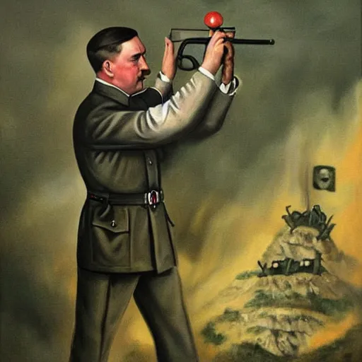 Prompt: a beautiful complex painting of adolf hitler shooting himself in his bunker