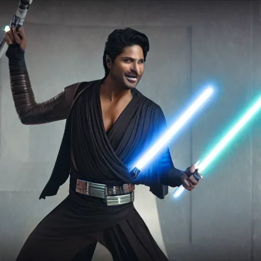 Image similar to Chayanne the singer as a jedi in star wars, holding a lightsabre. splash art, cinematic lighting, dramatic, octane render, long lens, shallow depth of field, bokeh, anamorphic lens flare, 8k, hyper detailed, 35mm film grain