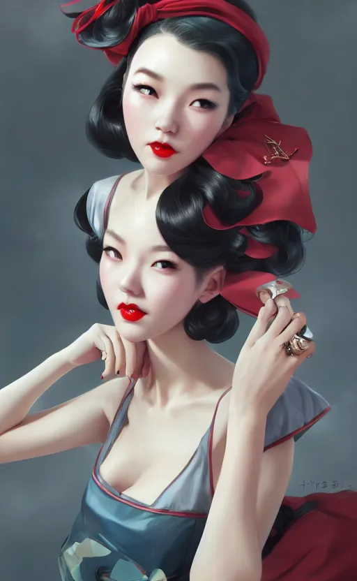 Image similar to a pin up and beautiful fashion charming dreamlke korea girl with lv jewelry, character art, art by artgerm lau and kyoung hwan kim and and ilya kuvshinov and john singer sargent, hyperdetailed, 8 k realistic, symmetrical, frostbite 3 engine, cryengine, dof, trending on artstation, digital art