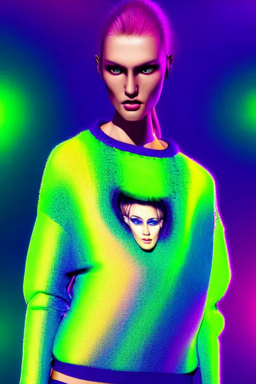 Image similar to stylish pullover for a rave bright colors, many details, photo for a magazine, photo for a store, fashion photography, Vogue, cinematic, hyper realism, high detail, 8k, very coherent symmetrical work, perfect face model, full length photo, Upper and lower body, white eyes, photographer style by Nik Night Erik Madigan Hec and Walter Chin and Camilla Akrans and Miles Aldridge