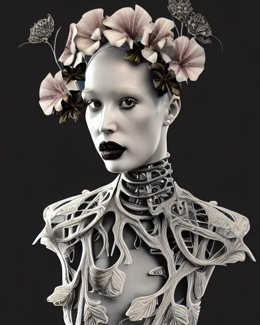 Prompt: monochrome 3 d model, 1 9 4 0 picture, floral metal steampunk biomechanical beautiful young female cyborg with porcelain profile face and a techno eye, volumetric light, leaves foliage and stems, hibiscus flowers, sinuous fine roots, fine foliage lace, alexander mcqueen, rim light, big gothic fashion pearl embroidered collar, octane render, 8 k