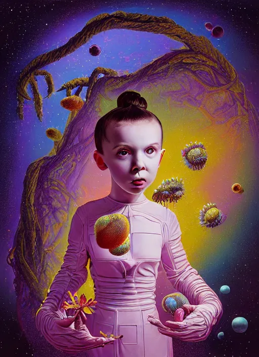 Image similar to hyper detailed 3d render of like a chiaroscuro oil painting - kawaii portrait outside spaceship (an astronaut queen with advanced suit like a skeksis from dark crystal that looks like millie bobby brown and Krysten Ritter) seen Eating of the Strangling network of yellowcake aerochrome and milky Fruit and His delicate Hands hold of gossamer polyp blossoms bring iridescent fungal flowers whose spores black the foolish stars by Jacek Yerka, Ilya Kuvshinov, Mariusz Lewandowski, Houdini algorithmic generative render, Abstract brush strokes, Masterpiece, Edward Hopper and James Gilleard, Zdzislaw Beksinski, Mark Ryden, Wolfgang Lettl, hints of Yayoi Kasuma, octane render, 8k