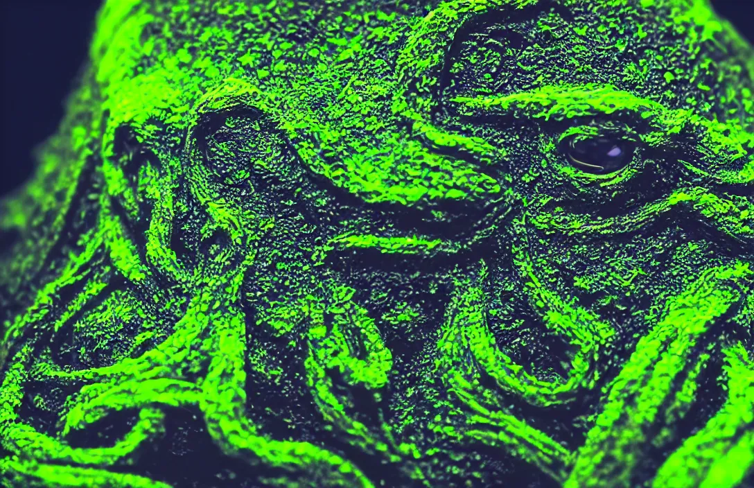 Image similar to cthulhu monster closeup, portrait, under water, glowing algae, sigma lens, strong bokeh, photography, highly detailed, 8 5 mm, f / 1. 3, foggy, dramatic lighting, 4 k