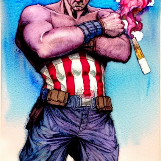 Image similar to a realistic and atmospheric watercolour fantasy character concept art portrait of captain america with pink eyes wearing a wife beater and smoking a huge blunt by rebecca guay, michael kaluta, charles vess and jean moebius giraud