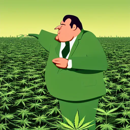 Image similar to cartoon caricature portrait of a cannabis themed character hiding the fields of cannabis crops. octane 4 k render by eyvind earle, female mean fat politician australian political comedy illustration