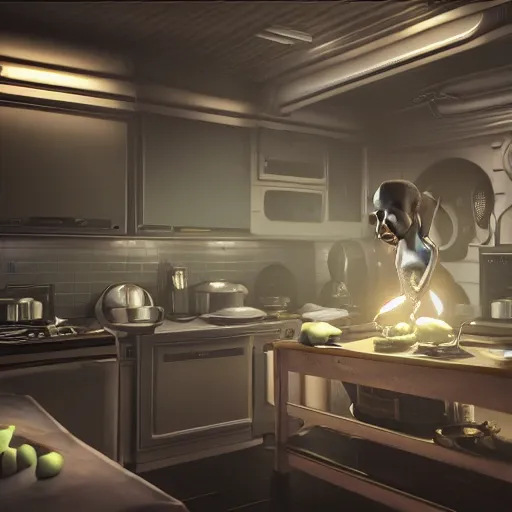 Prompt: alien in a kitchen, realistic light, high details, unreal engine, 4k