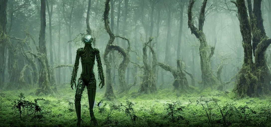 Image similar to a complex organic fractal 3 d metallic symbiotic ceramic humanoid megastructure creature in a swampy lush forest, foggy, cinematic shot, photo still from movie by denis villeneuve