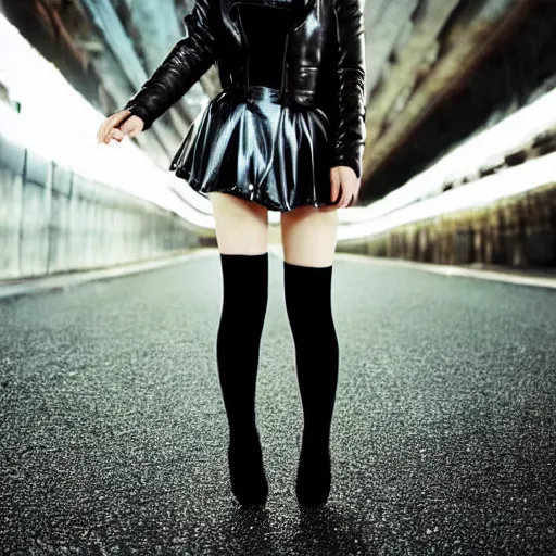 Image similar to a dynamic, epic cinematic 8K HD movie shot of a japanese beautiful cute young J-Pop idol actress yakuza rock star girl wearing leather jacket, miniskirt, nylon tights, high heels boots, gloves and jewelry. Motion, VFX, Inspirational arthouse, at Behance, with Instagram filters