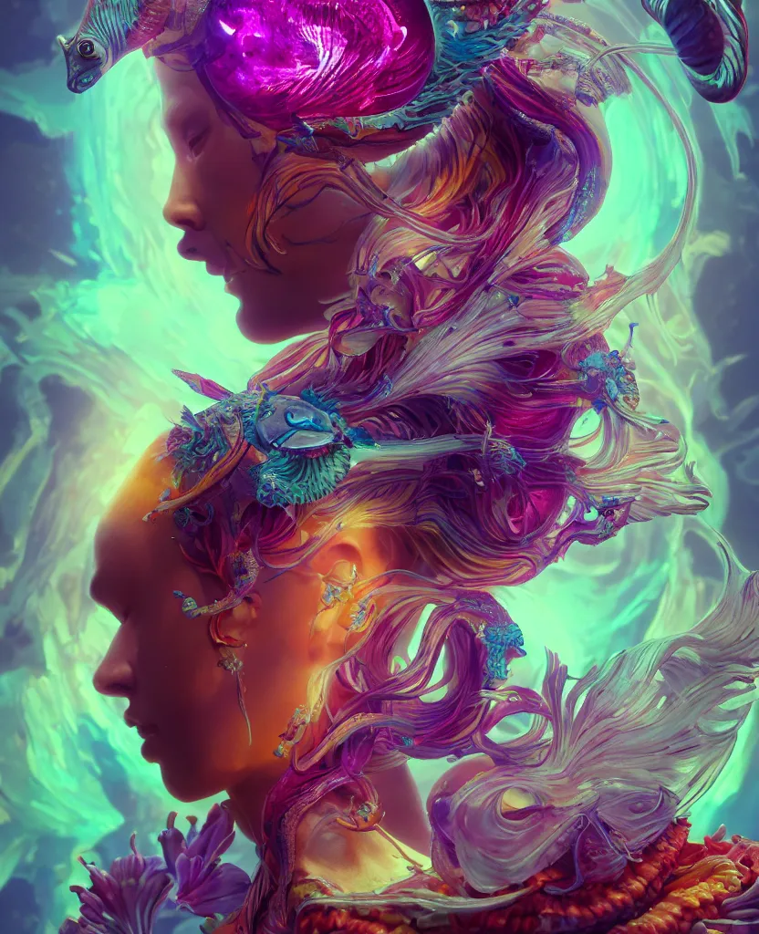 Image similar to goddess full color painted acryllic sculpture close-up portrait. orchid bird phoenix head, nautilus, skull, betta fish, bioluminiscent creatures, intricate artwork by Tooth Wu and wlop and beeple. octane render, trending on artstation, greg rutkowski very coherent symmetrical artwork. cinematic, hyper realism, high detail, octane render, 8k