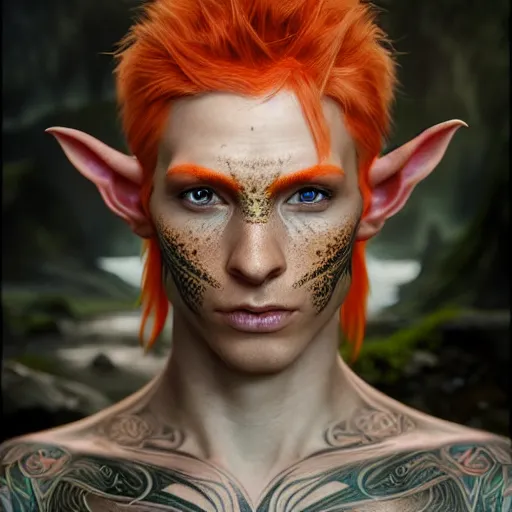 Image similar to portrait painting of an elven eladrin young man with short light orange hair and freckles and tribal tattoos on his cheekbones, ultra realistic, concept art, intricate details, eerie, highly detailed, photorealistic, octane render, 8 k, unreal engine. art by artgerm and greg rutkowski and charlie bowater and magali villeneuve and alphonse mucha