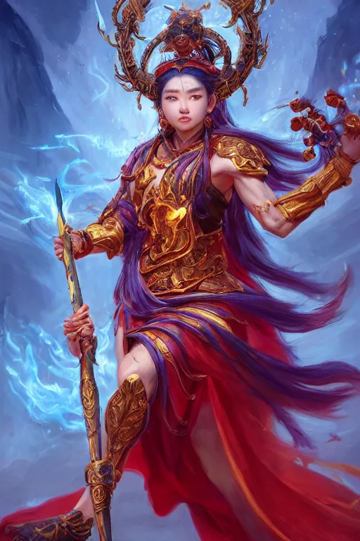 Image similar to a masterpiece portrait of nezha, legendary god holding spear, man, flame everywhere, epic pose, fantasy character portrait, closeup shot, hyper detailed, digital painting, 8 k realistic, trending on artstation, sharp focus, dof, by fenghua zhong, artgerm, ne zha from smite, jeff easley, raymond swanland