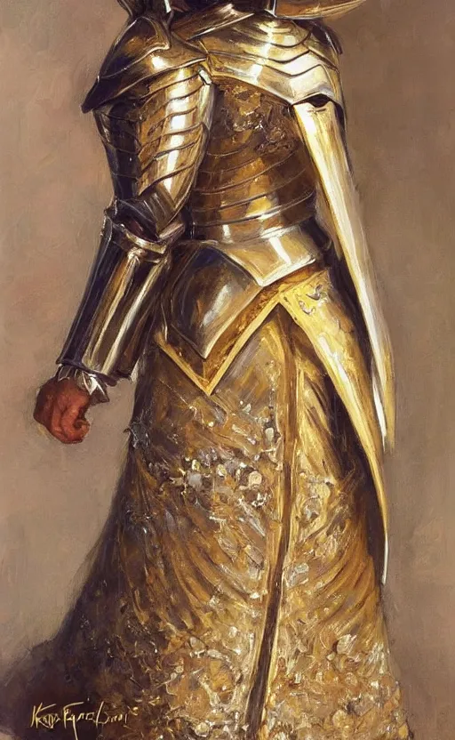 Image similar to Elegant laidy in gold and silver knight armor. By Konstantin Razumov, highly detailded