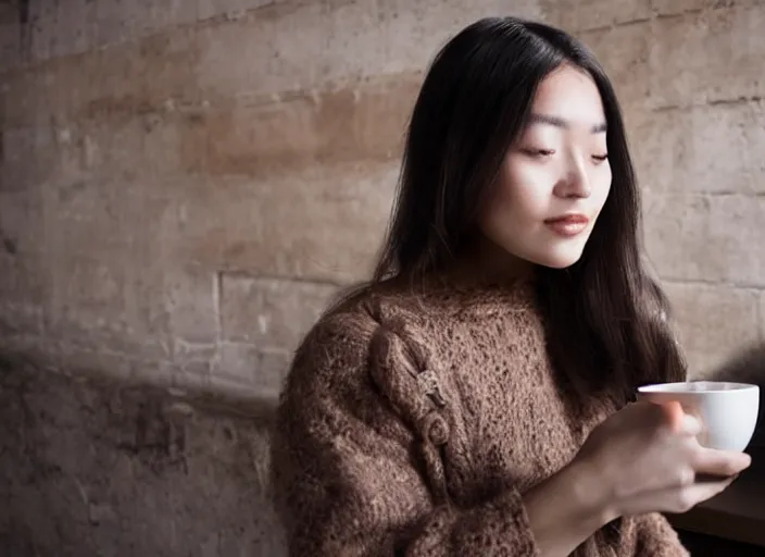 Image similar to beautiful!!!!! young adult woman in a cozy coffee shop wearing an avant garde outfit designed by zaha hadid, close up, natural lighting, 5 0 mm