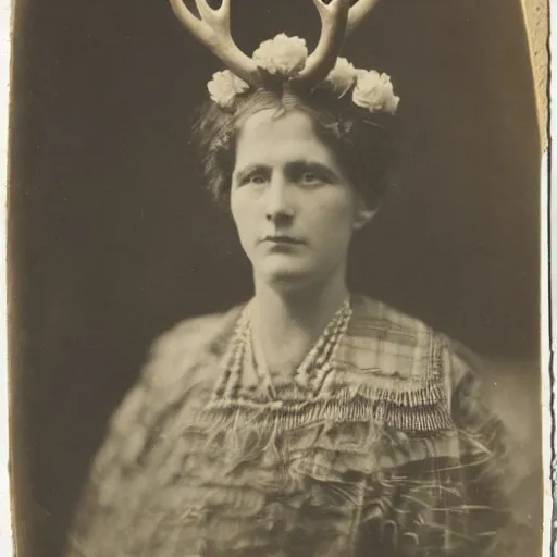 Image similar to portrait of a 1 9 th century woman with antlers, 1 9 0 0 s photography