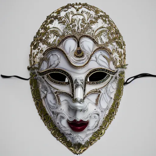Prompt: photography of a venetian woman mask sculpted in white opalescent marble, with lots of thin ornaments, fractal art, intricate, 8 k, white box, cinematic light