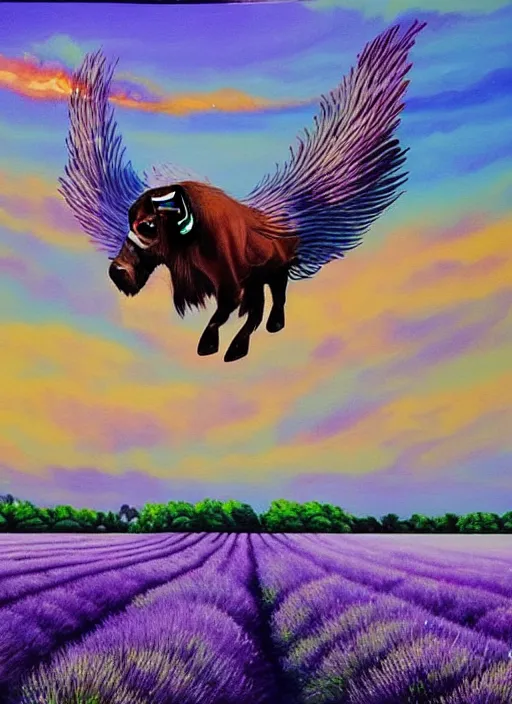 Image similar to A beautiful painting of one flying buffalo with wings in flight over glistening lavender fields at dawn