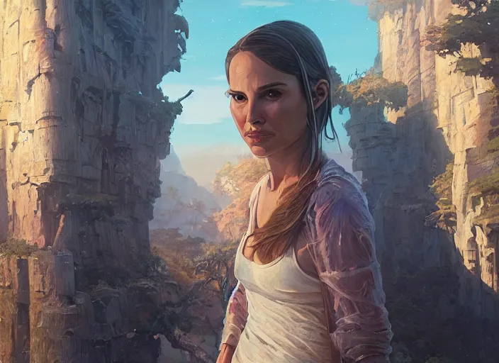 Image similar to highly detailed vanishing - point of natalie portman, in gta v, stephen bliss, unreal engine, fantasy art by greg rutkowski, loish, rhads, ferdinand knab, makoto shinkai and lois van baarle, ilya kuvshinov, rossdraws, tom bagshaw, global illumination, radiant light, detailed and intricate environment