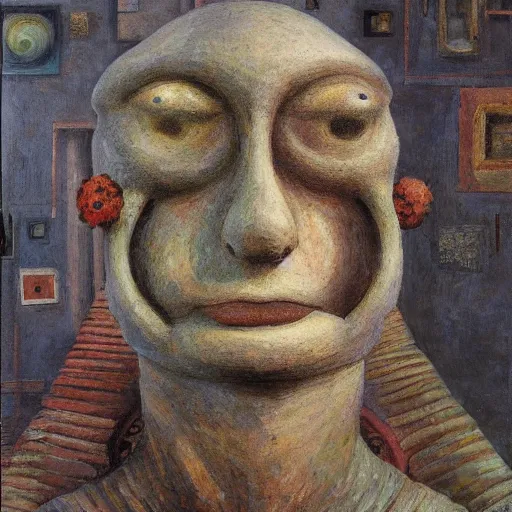 Image similar to a detailed, impasto painting by shaun tan and louise bourgeois of an abstract forgotten sculpture by ivan seal and the caretaker 1 9 0 0