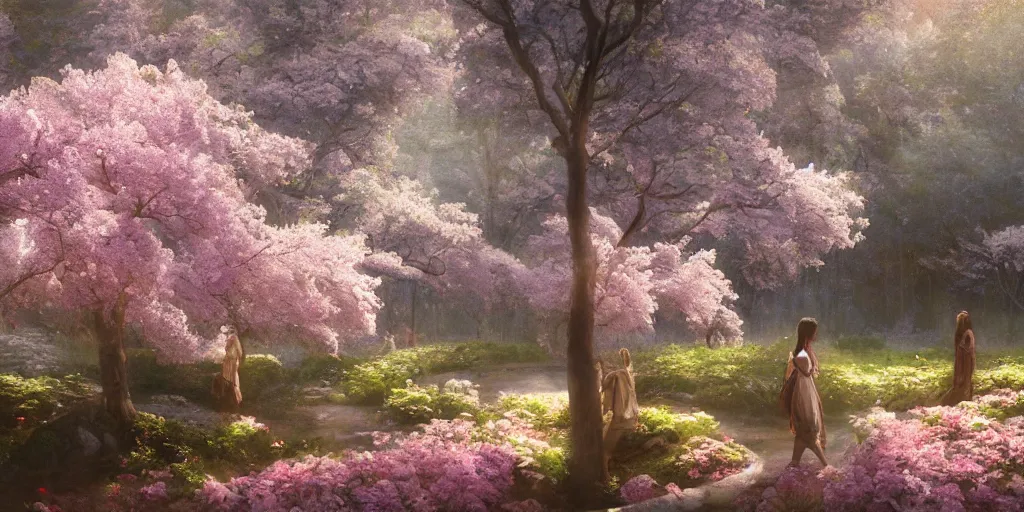 Image similar to spiritual journey through the garden of eden, sakura trees, sakura season dynamic lighting, landscape, artwork by jeremy lipkin and giuseppe dangelico pino and other unknown artists, 1 0 0 mm