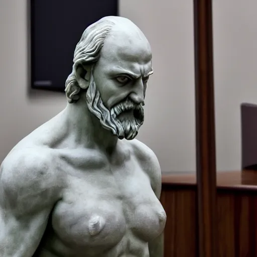 Prompt: Courtroom photograph of a marble statue angry with his attorney