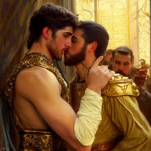 Image similar to attractive fully clothed king confesses his love for his attractive fully clothed male prince. highly detailed painting by gaston bussiere, craig mullins, j. c. leyendecker 8 k